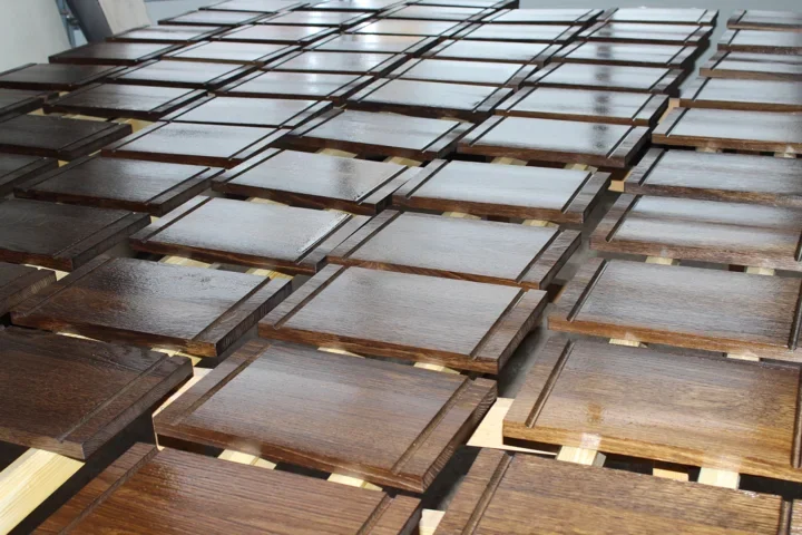 Surface finishing: a series of dark-finished wooden components